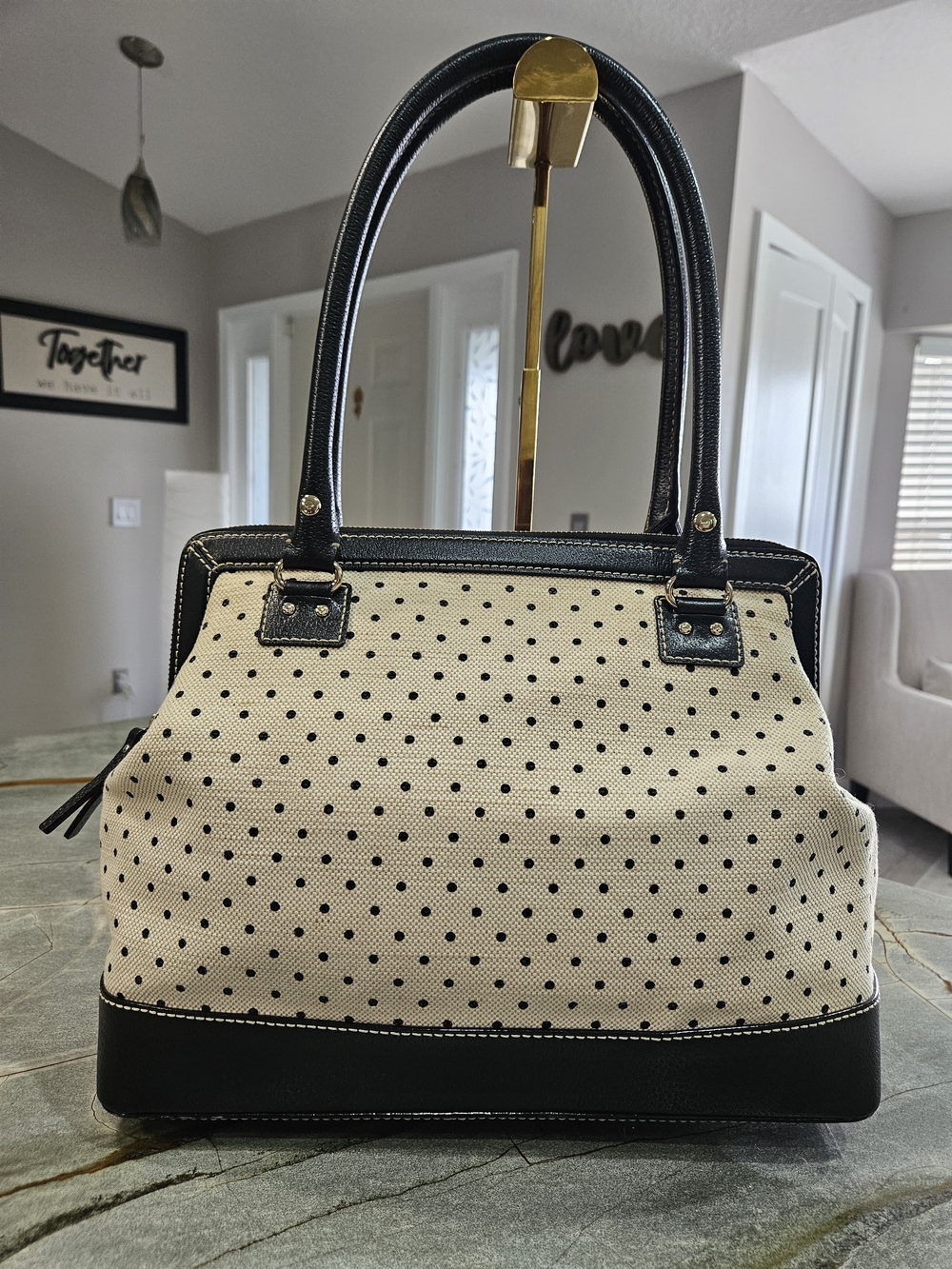 Kate Spade NY Black & White Polka Dot Canvas Satchel | Top Handle Bag-Large - Picture 4 of 17